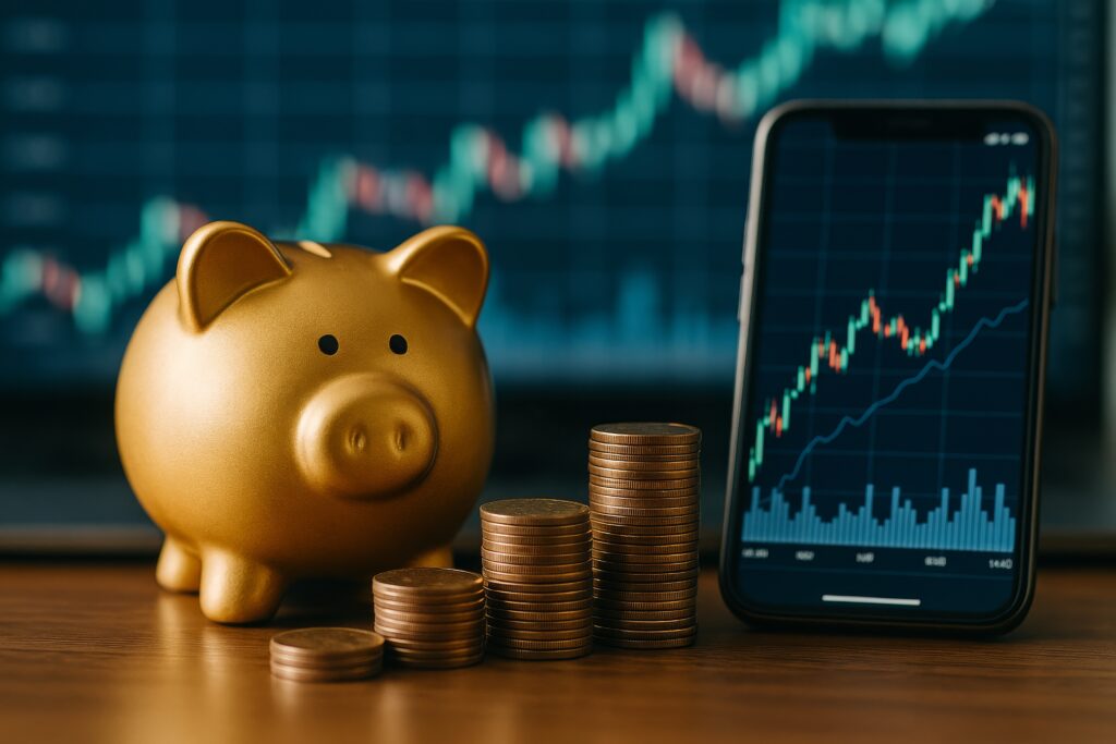 A golden piggy bank sits beside stacks of coins and a smartphone displaying a rising stock chart, representing financial growth and investment strategies.