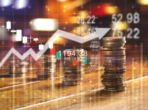 A digital picture of growth portrayed by arrows moving upwards with stacks of coins
